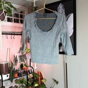 INC International Concepts Top Women's Large Gray Blue Ruffle Neck 3/4 Sleeve